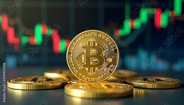 Fototapeta A close-up shot of gleaming Bitcoin tokens, strategically positioned against the backdrop of a financial chart, symbolizing the digital revolution of finance and cryptocurrency.