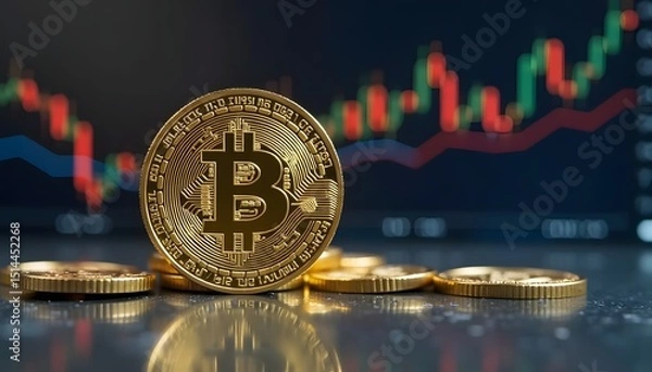 Fototapeta Golden bitcoin coins gleam in the soft light, set against the backdrop of a dynamic financial chart, symbolizing the evolving world of digital currency.