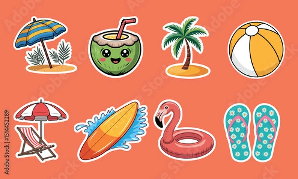 Fototapeta Cute Summer Beach Elements Vector Set on Orange Background