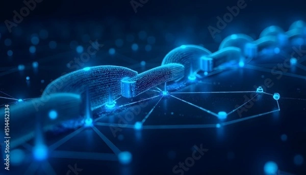 Fototapeta Digital chain link of the future, interconnected and illuminated with digital technology, representing security and connection.
