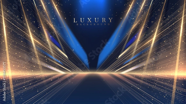 Fototapeta Empty blue stage scene with golden neon light lines. Luxury background design concept. Perfect for awards ceremony, celebrations and grand openings. Vector illustration.