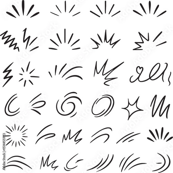 Obraz Comic line sparkle and movement elements set. black ink motion accents, burst effects, and dynamic hand drawn stroke symbols perfect for manga, cartoon, or pop art vector illustration projects