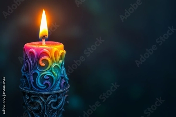 Obraz A single candle with a rainbow-colored, swirling design, lit with a flame, against a dark background, creating a vibrant, minimalistic aesthetic