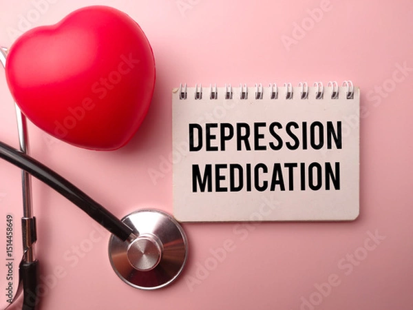 Fototapeta Red heart shape and statehoscope with the word DEPRESSION MEDICATION on a pink background