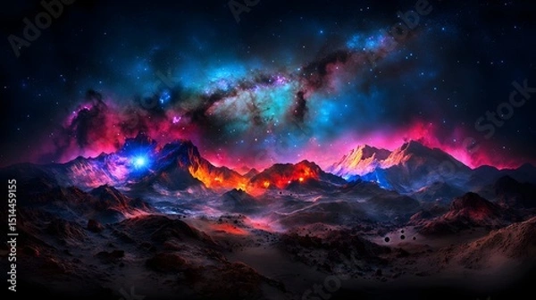 Fototapeta Vibrant, otherworldly landscape with glowing, multicolored mountains under a nebula-filled night sky