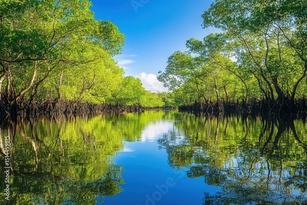 Obraz Majestic saltwater mangrove forest reflecting in calm waters of Queensland, Australia during a sunny day, Saltwater mangrove forest in Queensland Australia Daintree national park