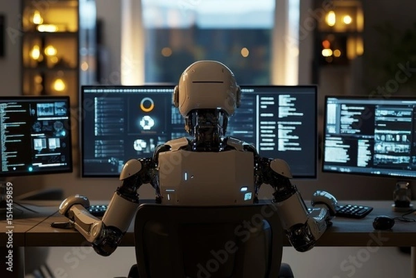 Fototapeta Robot working on multiple computers in a modern workspace during evening hours, Rear view of a Robot using multiple computers on desk in living modern room