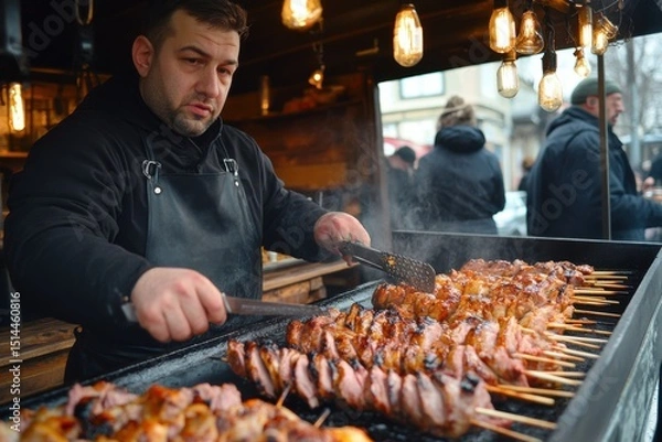 Obraz Skewered grilled pork and chicken cooked on a large grill at an outdoor market event, Grilled pork and chicken meat, lamb roasted on a spit street food festival