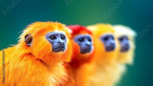 Obraz Four vibrant golden lion tamarins, varying in shades of orange and red, are closely positioned against a blurred teal backdrop, showcasing their unique fur coloration