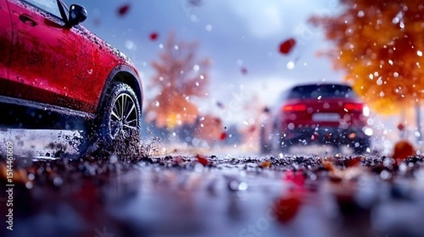 Fototapeta Red SUV splashing through a rain-soaked autumnal street, leaves swirling, another vehicle in the background