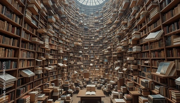 Obraz A library the size of a skyscraper, with infinite levels and floating books that rearrange themselves.