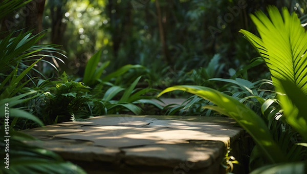 Fototapeta Lush greenery and wooden platform in tropical forest environment with blurred background