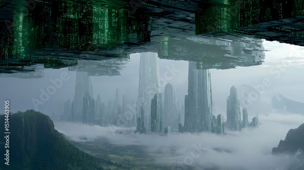 Obraz cinematic poster for interstellar saga | future nostalgia | epic curiosity | emerald tech green | three-point sci-fi perspective | alien landscapes | complex panel reflections | hyperreal rendering |