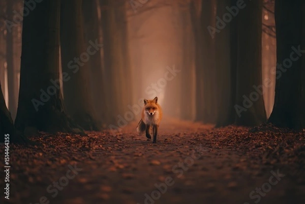 Fototapeta Fox walking down a misty autumn path