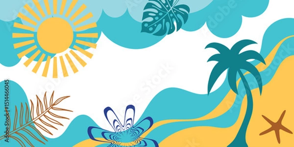 Fototapeta Summer multicolor frame, sea and sky, sun and tropics, summer vacation, vector banner