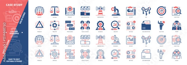 Obraz Case Study icon set. Social Science, Research, Criteria, Documentation, Process, Procedures, Observation, Problem. Duotone color solid and editable outline icons