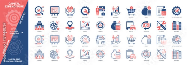 Obraz Capital Expenditure icon set. Budget, Purchase, Maintenance, Improvement, Asset, Business, Finance, Investment. Duotone color solid and editable outline icons