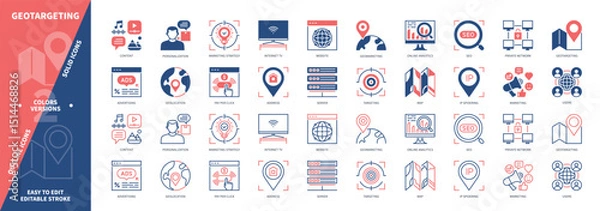 Obraz Geotargeting icon set. Website, IP Spidering, Online Analytics, Pay per Click, Private Network, Geomarketing, Advertising, Server. Duotone color solid and editable outline icons