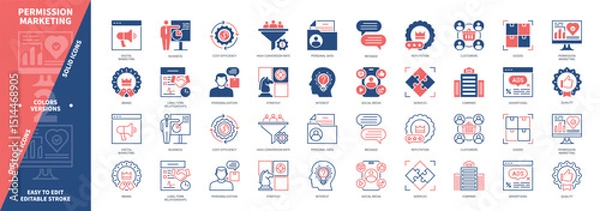 Obraz Permission Marketing icon set. Cost-Efficiency, Personalization, Social Media, High Conversion Rate, Customers, Advertising, Reputation, Goods, Services. Duotone color solid and editable outline icons