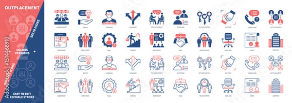 Obraz Outplacement icon set. Career, Guidance, Consulting, Advice, Recruitment, Workshop, Support, Skills. Duotone color solid and editable outline icons