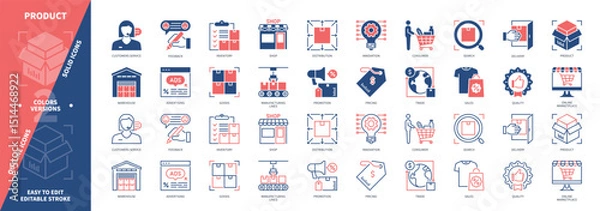 Obraz Product icon set. Delivery, Feedback, Pricing, Trends, Market, Manufacturing Lines, Customer Service, Quality. Duotone color solid icons