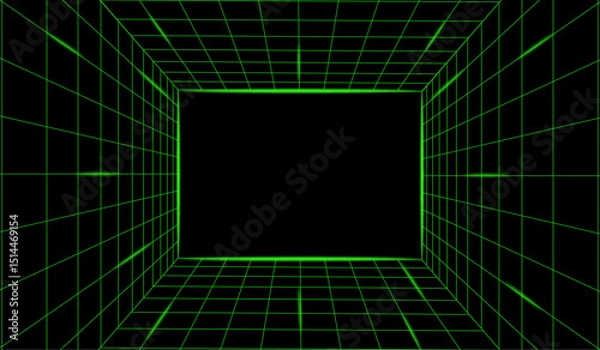 Fototapeta 3d green neon wire frame grid room abstract perspective grid retro future concept.