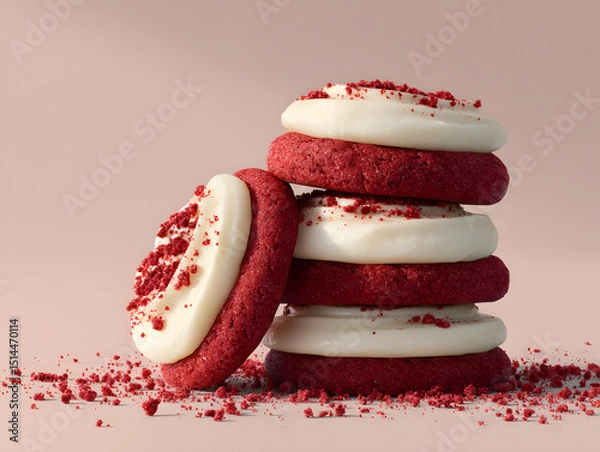 Fototapeta red velvet cookies stacked, frosted with cream cheese on top cookie.