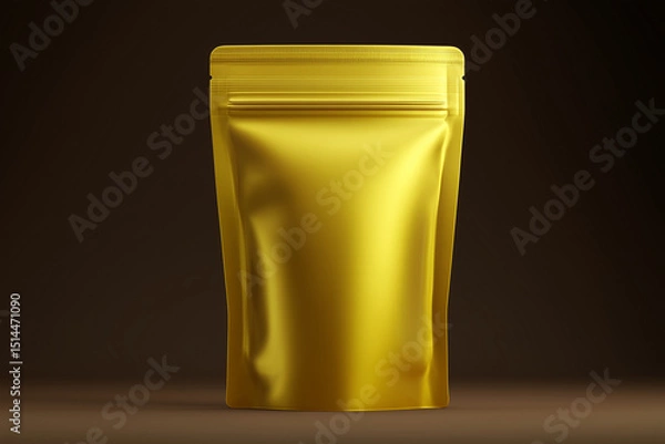 Obraz Blank yellow metallic foil doypack mockup, isolated on dark brown background with soft shadow, Ai generated images