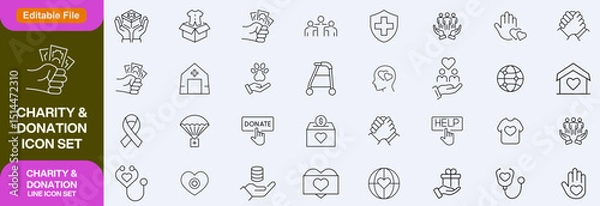 Obraz Charity and Donation set of web icons in line style. Volunteering and donation icons for web and mobile app. Help, caring, solidarity, alms, donate, volunteer, care, charity and more. Editable stroke