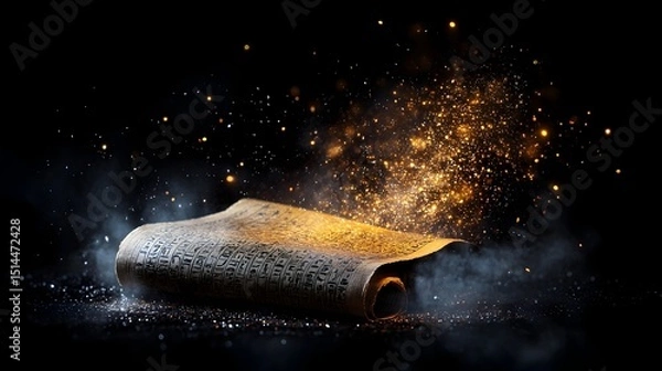 Fototapeta Ancient scroll emitting golden light and smoke against a dark background