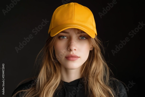 Obraz mockup close up photo of american woman wearing plain yellow cap, black studio background. Ai generated images