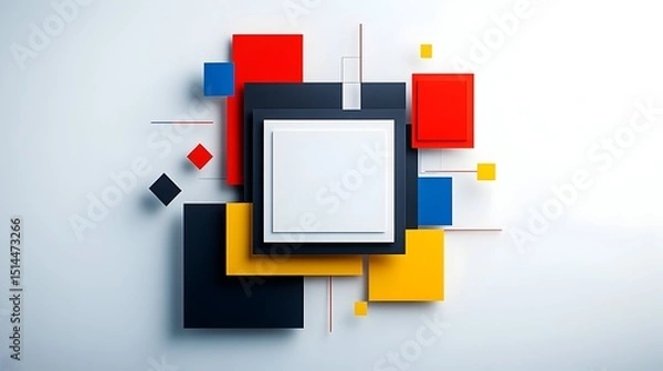 Fototapeta A white square framed in black, sits amongst layered red, blue, yellow, and black squares and diamonds on a white background, creating a geometric, abstract composition