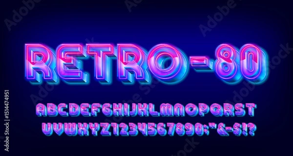 Fototapeta Retro-80 alphabet font. 3d neon 80s style letters and numbers. Stock vector typeface for your design.