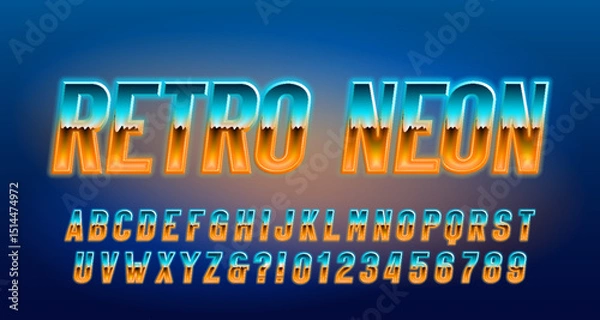 Fototapeta Retro Neon alphabet font. 3d neon 80s style letters and numbers. Stock vector typeface for your design.