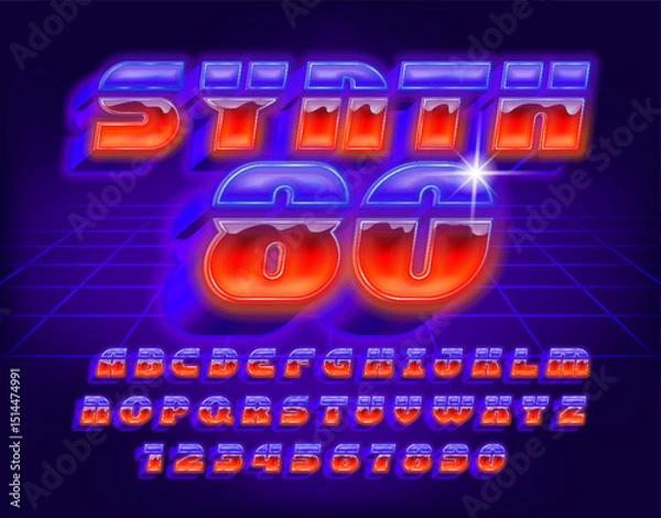 Fototapeta Synth 80 alphabet font. 3d neon 80s style letters and numbers. Stock vector typeface for your design.