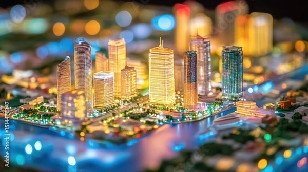 Fototapeta Illuminated miniature city model at night.  Urban cityscape, lights, detailed structures