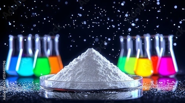 Fototapeta White powder in petri dish, vibrant liquids in Erlenmeyer flasks blurred in background, dark setting, particles falling