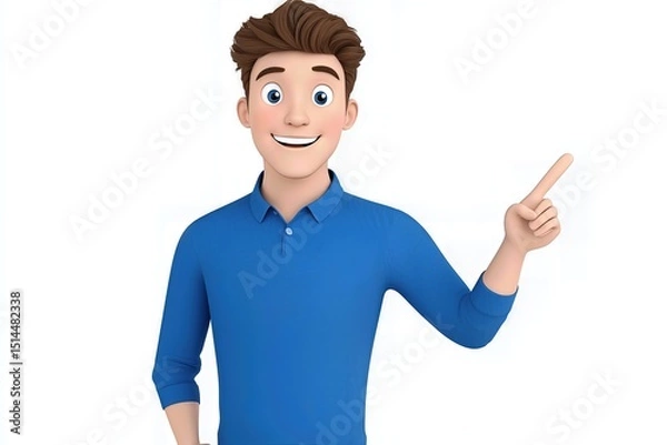 Fototapeta Friendly cartoon man with brown hair, wearing a blue shirt, points to the right against a white background. He has a cheerful expression. The style is 3D rendered and playful.