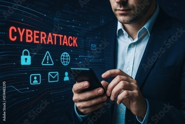 Obraz A businessman uses a smartphone to navigate cybersecurity challenges emphasizing strategic decision making and data protection in a digital environment