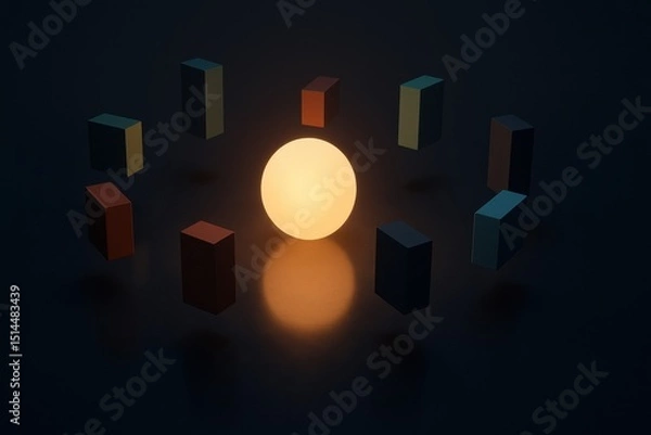 Obraz A glowing sphere symbolizes leadership and innovation surrounded by orbiting rectangular prisms that represent business modules guiding strategic decision-making