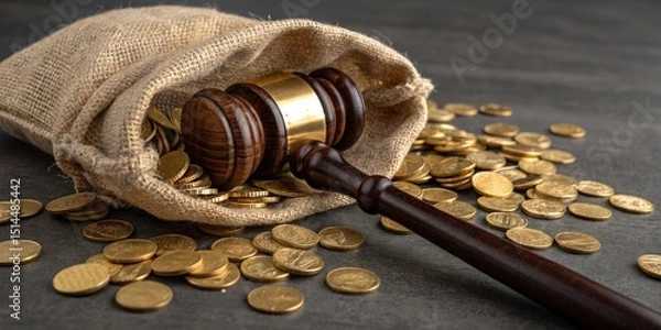 Obraz Gavel and Gold Coins in Sack,Justice ,Wealth