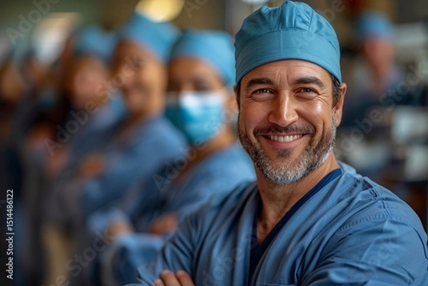 Fototapeta Surgeons perform a precise operation in a modern operating room, showcasing teamwork and skill.