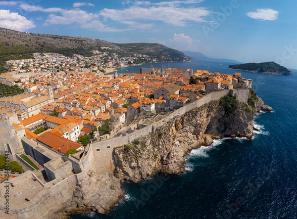 Obraz Aerial panorama of the coastal city of Dubrovnik. High angle view of the Croatian coast and the old town summer tourist attraction
