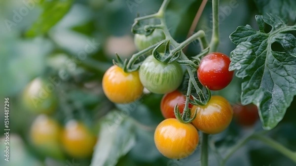 Fototapeta A cluster of cherry tomatoes on the vine, isolated, no text or logo