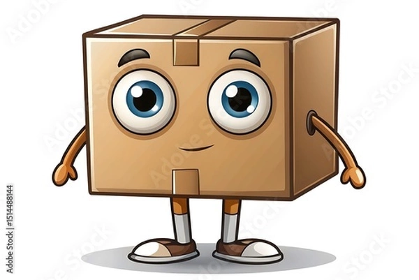 Fototapeta Cartoon cardboard box character with big eyes, arms, and legs isolated on white background, conveying a sense of fun and approachability for delivery services