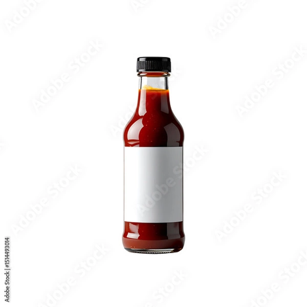 Fototapeta Glass bottle of red sauce with blank label mockup hot on transparent background