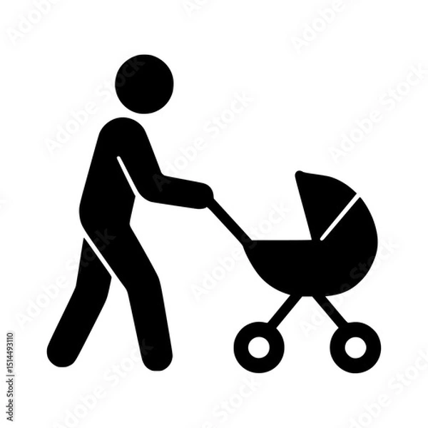 Fototapeta A man pushing a stroller, simple black and white pictogram icon