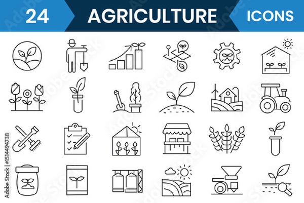 Fototapeta Agriculture icon set collection. Outline icons of agricultural, wheat, crop, corn, tractor, sunflower, rain, fields, fertilizer, pesticide, farmer editable icon. Vector illustration.