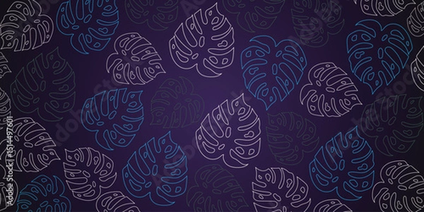 Fototapeta Lush colorful tropical leaves, dark background, botanical banner with exotic plants for wallpaper design, decor, prints, textiles