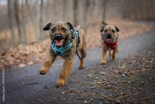 Obraz Two Border Terriers (Canis lupus familiaris) running on a forest path, blue and red harnesses, autumn leaves, joyful energy, natural outdoor scene, focus on dogs, blurred background.
